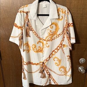 Mens XXL gold chain print button up silky shirt